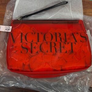 Victorias Secret Red Clear Logo Cosmetic Bag Wristlet‎ Pouch 245442 92 NEW
